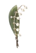 1930S NEPHRITE PEARL & DIAMOND LILY OF THE VALLEY BROOCH PIN
