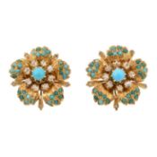 VALERIE LEON - 1950S GOLD TURQUOISE & DIAMOND EARRCLIPS