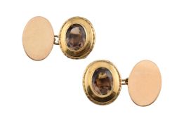 PAIR 9CT GOLD & SMOKY QUARTZ CUFFLINKS