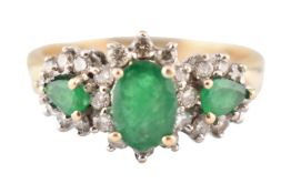HALLMARKED 9CT GOLD EMERALD & DIAMOND THREE STONE RING
