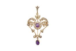 ART NOUVEAU AMETHYST & PEARL PENDANT BEOOCH
