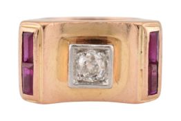 FRENCH RETRO 18CT GOLD RUBY & DIAMOND TANK RING