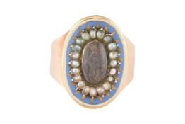 19TH CENTURY GOLD ENAMEL & PEARL MOURNING RING