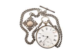 SILVER OPEN FACED POCKET WATCH & ALBERT CHAIN