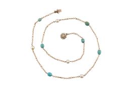 EARLY 20TH CENTURY GOLD TURQUOISE, PEARL & DIAMOND NECKLACE