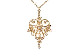 EARLY 20TH CENTURY 9CT GOLD DIAMOND & PEARL PENDANT BROOCH & CHAIN