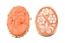 14CT GOLD CORAL CAMEO BROOCH & 9CT SHELL CAMEO BROOCH