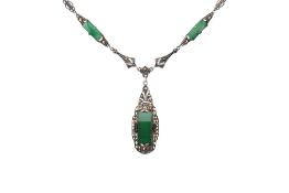 ART DECO SILVER CHRYSOPRASE & MARCASITE PENDANT NECKLACE