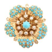 VALERIE LEON - 1950S GOLD TURQUOISE & DIAMOND BROOCH