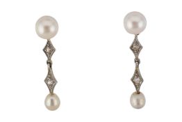 PAIR OF PEARL & DIAMOND PENDANT EARRINGS