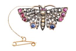 VICTORIAN 19TH CENTURY GOLD RUBY SAPPHIRE & PEARL BUTTERFLY BROOCH