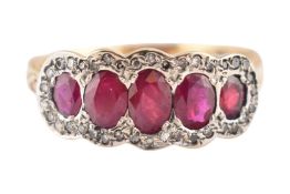 HALLMARKED 18CT GOLD RUBY & DIAMOND FIVE STONE RING