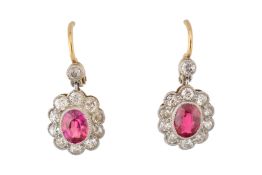 PAIR OF SYNTHETIC RUBY & DIAMOND HALO PENDANT EARRINGS