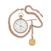 9CT GOLD WALTHAM POCKET WATCH, CHAIN & SOVEREIGN