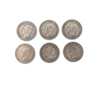 SIX PRE-1947 BRITISH SILVER HALF CROWNS