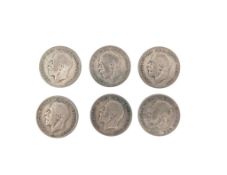 SIX PRE-1947 BRITISH SILVER HALF CROWNS