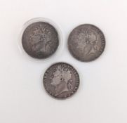 THREE 1821-22 KING GEORGE IV SILVER CROWNS