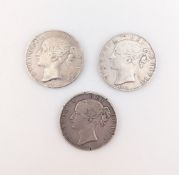 THREE 1844-45 QUEEN VICTORIA YOUNG HEAD SILVER CROWNS