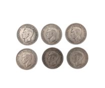 SIX PRE-1947 BRITISH SILVER HALF CROWNS
