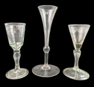 TWO GEORGE II CIRCA 1740 HAND BLOWN CORDIAL GLASSES T/W ANOTHER