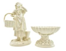 TWO VICTORIAN WHITE PORCELAIN FIGURINES, ONE A SHELL CENTREPIECE