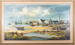 AUDREY DALLAS-SIMPSON - 20TH CENTURY OIL ON CANVAS PAINTING OF CORNISH HARBOUR