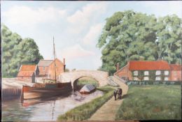 MICHAEL WOOD (CONTEMPORARY) - UNTITLED OIL ON CANVAS CANAL PATH PAINTING