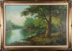 IRENE CAFIERI - 20TH CENTURY OIL ON CANVAS LANDSCAPE PAINTING WITH RIVER & TREES