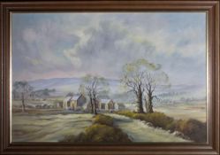 WELLS - 20TH CENTURY OIL ON CANVAS WINTER ENGLISH LANDSCAPE