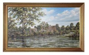 PETER GIBSON - 20TH CENTURY OIL ON CANVAS LANDSCAPE PAINTING WITH BRIDGE