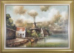 20TH CENTURY DUTCH OIL ON CANVAS LANDSCAPE PAINTING WITH WINDMILL