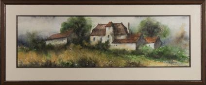 FRENCH 20TH CENTURY WATERCOLOUR ON PAPER LANDSCAPE PAINTING OF FARMSTEAD