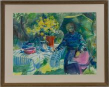 SUE WALES (B. 1942) - LUNCH IN THE GARDEN - GOUACHE ON WATERCOLOUR PAPER PAINTING