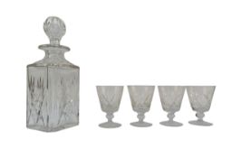 20TH CENTURY CUT GLASS DECANTER WITH STOPPER & FOUR GLASSES