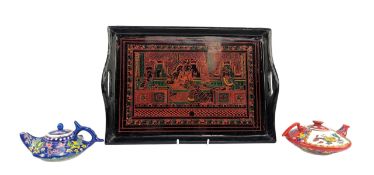 TWO CHINESE 20TH CENTURY PORCELAIN TEAPOTS & A LACQUER TRAY