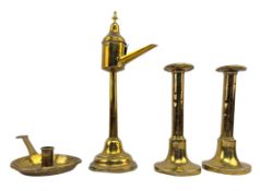 DUTCH LATE 18TH CENTURY BRASS WHALE OIL LAMP T/W THREE CANDLE HOLDERS
