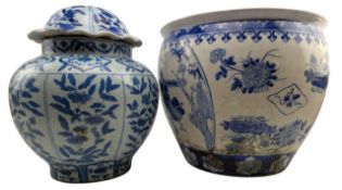 TWO 20TH CENTURY CHINESE BLUE & WHITE PORCELAIN JARS / JARDINIERES