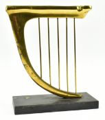 20TH CENTURY BRASS & SLATE HARP SHAPED HANNUKAH MENORAH CANDLE HOLDER