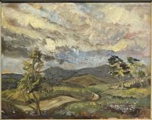 G. KELLY (20TH CENTURY) - 1957 UNTITLED OIL ON BOARD LANDSCAPE PAINTING