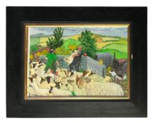 SHEILA HORTON (B. 1936) - SHEEP SHAVING, TY REDHYN, 1995 - ACRYLIC ON PAPER