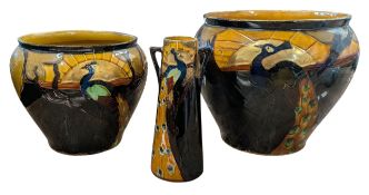 SUEZ POTTERY - PEACOCK POTTERY VASE & TWO PLANTERS