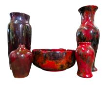 CROWN DUCAL POTTERY - SPECTRIA FLAMBE ASSORTMENT OF FIVE VASES & BOWL