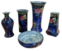 S. HANCOCK & SONS POTTERY - RUBENS WARE BY F.X. ABRAHAM - FIVE HAND PAINTED CERAMICS