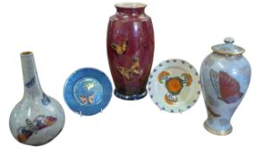 CARLTON WARE LUSTRE - FIVE LUSTRE CERAMIC BUTTERFLY ITEMS