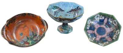GRIMWADES BYZANTA WARE - THREE CIRCA 1930S LUSTRE WARE BOWLS AND COMPORTE