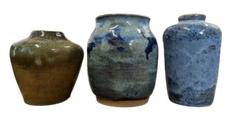 THREE CONTINENTAL STUDIO ART POTTERY VASES IN FLAMBE GLAZE