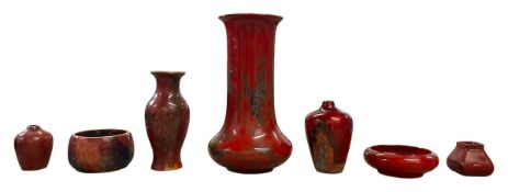 SEVEN FLAMBE GLAZED CERAMIC VASES & BOWLS