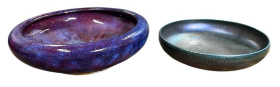 20TH CENTURY STUDIO ART POTTERY - TWO FLAMBE & LUSTRE GLAZED LIPPED BOWLS