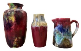 THREE ENGLISH & CONTINENTAL POLYCHROME DRIP GLAZE POTTERY VASES