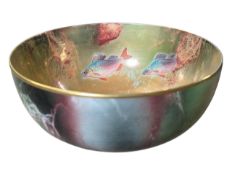 A. J. WILKINSON ORIFLAMME DESIGNED BY JOHN BUTLER - GREEN & ORANGE FISH LUSTRE GLAZED BOWL